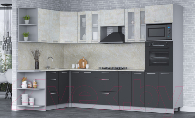 Кухонный гарнитур Интерлиния Мила 1.68x3.0 правая (бетон лайт/антрацит/опал светлый)