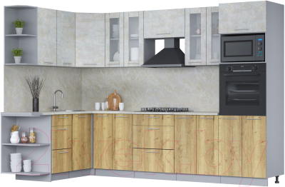 Кухонный гарнитур Интерлиния Мила 1.68x3.0 правая (бетон лайт/дуб золотой/опал светлый) - фото