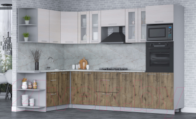 Кухонный гарнитур Интерлиния Мила 1.68x3.0 правая (вудлайн кремовый/дуб веллингтон/серый каспий)