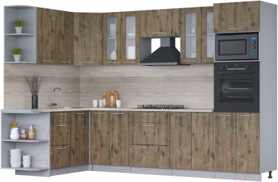 Кухонный гарнитур Интерлиния Мила 1.68x3.0 правая (дуб веллингтон/дуб веллингтон/травертин серый) - фото