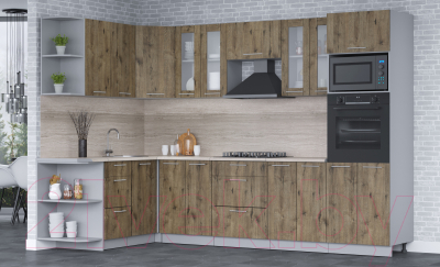 Кухонный гарнитур Интерлиния Мила 1.68x3.0 правая (дуб веллингтон/дуб веллингтон/травертин серый)