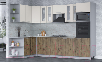 Кухонный гарнитур Интерлиния Мила 1.68x3.0 правая (персидский жемчуг/дуб веллингтон/серый каспий)