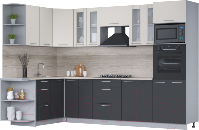 Кухонный гарнитур Интерлиния Мила 1.68x3.0 правая (персидский жемчуг/антрацит/травертин серый) - фото