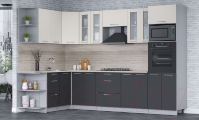 Кухонный гарнитур Интерлиния Мила 1.68x3.0 правая (персидский жемчуг/антрацит/травертин серый)