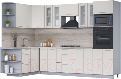 Кухонный гарнитур Интерлиния Мила 1.68x3.0 правая (персидский жемчуг/персидский жемчуг/травертин серый) - фото