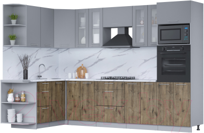 Кухонный гарнитур Интерлиния Мила 1.68x3.0 правая (серебро/дуб веллингтон/белый гранит) - фото