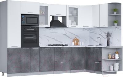 Кухонный гарнитур Интерлиния Мила 1.68x3.2 правая (белый платинум/бетон портленд/белый гранит) - фото
