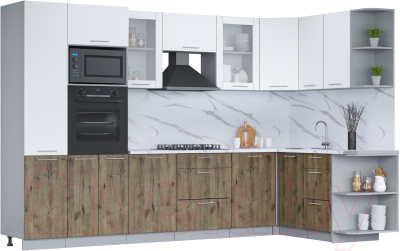 Кухонный гарнитур Интерлиния Мила 1.68x3.2 правая (белый платинум/дуб веллингтон/белый гранит) - фото