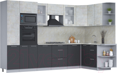 Кухонный гарнитур Интерлиния Мила 1.68x3.2 правая (бетон лайт/антрацит/опал светлый) - фото