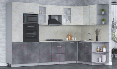 Кухонный гарнитур Интерлиния Мила 1.68x3.2 правая (бетон лайт/бетон портленд/опал светлый)