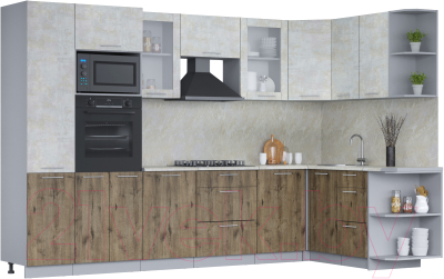 Кухонный гарнитур Интерлиния Мила 1.68x3.2 правая (бетон лайт/дуб веллингтон/опал светлый) - фото