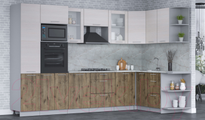 Кухонный гарнитур Интерлиния Мила 1.68x3.2 правая (вудлайн кремовый/дуб веллингтон/серый каспий)