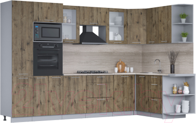 Кухонный гарнитур Интерлиния Мила 1.68x3.2 правая (дуб веллингтон/дуб веллингтон/травертин серый) - фото