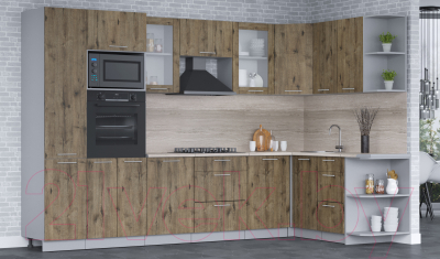 Кухонный гарнитур Интерлиния Мила 1.68x3.2 правая (дуб веллингтон/дуб веллингтон/травертин серый)