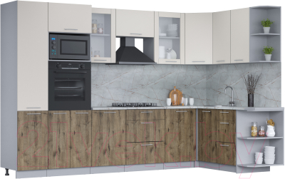 Кухонный гарнитур Интерлиния Мила 1.68x3.2 правая (персидский жемчуг/дуб веллингтон/серый каспий) - фото