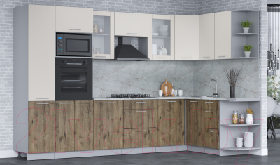 Кухонный гарнитур Интерлиния Мила 1.68x3.2 правая (персидский жемчуг/дуб веллингтон/серый каспий)