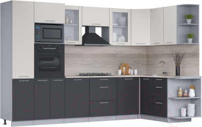 Кухонный гарнитур Интерлиния Мила 1.68x3.2 правая (персидский жемчуг/антрацит/травертин серый) - фото