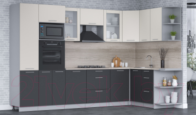 Кухонный гарнитур Интерлиния Мила 1.68x3.2 правая (персидский жемчуг/антрацит/травертин серый)