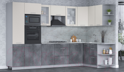 Кухонный гарнитур Интерлиния Мила 1.68x3.2 правая (персидский жемчуг/бетон портленд/серый каспий)