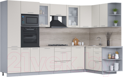 Кухонный гарнитур Интерлиния Мила 1.68x3.2 правая (персидский жемчуг/персидский жемчуг/травертин серый) - фото
