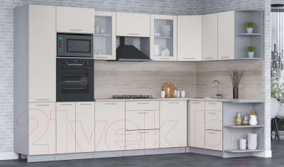 Кухонный гарнитур Интерлиния Мила 1.68x3.2 правая (персидский жемчуг/персидский жемчуг/травертин серый)