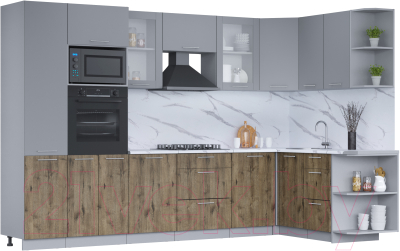Кухонный гарнитур Интерлиния Мила 1.68x3.2 правая (серебро/дуб веллингтон/белый гранит) - фото