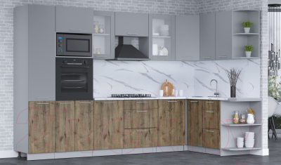 Кухонный гарнитур Интерлиния Мила 1.68x3.2 правая (серебро/дуб веллингтон/белый гранит)