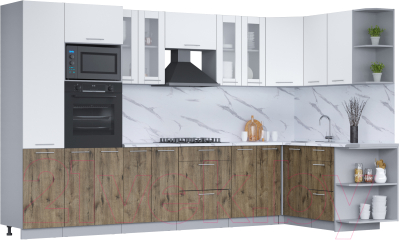 Кухонный гарнитур Интерлиния Мила 1.68x3.4 правая (белый платинум/дуб веллингтон/белый гранит) - фото