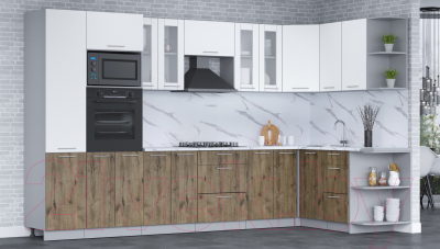 Кухонный гарнитур Интерлиния Мила 1.68x3.4 правая (белый платинум/дуб веллингтон/белый гранит)
