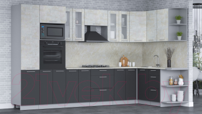 Кухонный гарнитур Интерлиния Мила 1.68x3.4 правая (бетон лайт/антрацит/опал светлый)