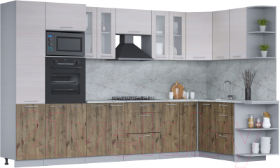 Кухонный гарнитур Интерлиния Мила 1.68x3.4 правая (вудлайн кремовый/дуб веллингтон/серый каспий) - фото