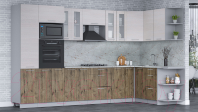 Кухонный гарнитур Интерлиния Мила 1.68x3.4 правая (вудлайн кремовый/дуб веллингтон/серый каспий)