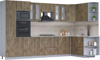 Кухонный гарнитур Интерлиния Мила 1.68x3.4 правая (дуб веллингтон/дуб веллингтон/травертин серый) - фото