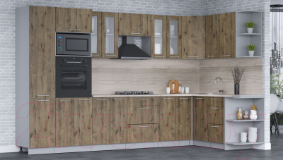 Кухонный гарнитур Интерлиния Мила 1.68x3.4 правая (дуб веллингтон/дуб веллингтон/травертин серый)