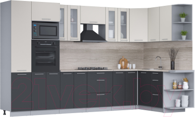 Кухонный гарнитур Интерлиния Мила 1.68x3.4 правая (персидский жемчуг/антрацит/травертин серый) - фото