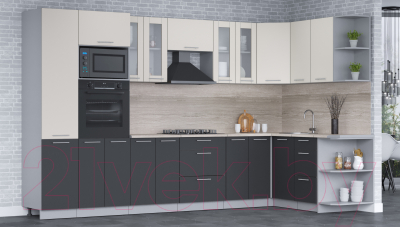 Кухонный гарнитур Интерлиния Мила 1.68x3.4 правая (персидский жемчуг/антрацит/травертин серый)