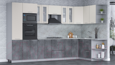 Кухонный гарнитур Интерлиния Мила 1.68x3.4 правая (персидский жемчуг/бетон портленд/серый каспий)