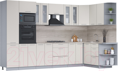 Кухонный гарнитур Интерлиния Мила 1.68x3.4 правая (персидский жемчуг/персидский жемчуг/травертин серый) - фото