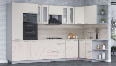 Кухонный гарнитур Интерлиния Мила 1.68x3.4 правая (персидский жемчуг/персидский жемчуг/травертин серый)