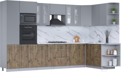 Кухонный гарнитур Интерлиния Мила 1.68x3.4 правая (серебро/дуб веллингтон/белый гранит) - фото