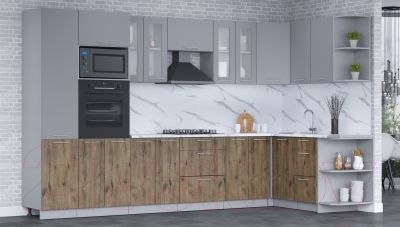 Кухонный гарнитур Интерлиния Мила 1.68x3.4 правая (серебро/дуб веллингтон/белый гранит)
