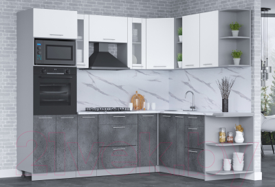 Кухонный гарнитур Интерлиния Мила 1.88x2.4 правая (белый платинум/бетон портленд/белый гранит)