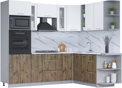Кухонный гарнитур Интерлиния Мила 1.88x2.4 правая (белый платинум/дуб веллингтон/белый гранит) - фото