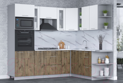 Кухонный гарнитур Интерлиния Мила 1.88x2.4 правая (белый платинум/дуб веллингтон/белый гранит)