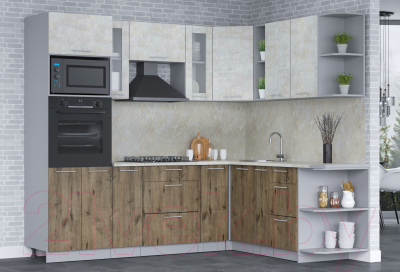 Кухонный гарнитур Интерлиния Мила 1.88x2.4 правая (бетон лайт/дуб веллингтон/опал светлый)
