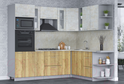 Кухонный гарнитур Интерлиния Мила 1.88x2.4 правая (бетон лайт/дуб золотой/опал светлый)