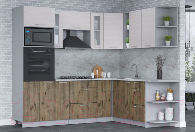 Кухонный гарнитур Интерлиния Мила 1.88x2.4 правая (вудлайн кремовый/дуб веллингтон/серый каспий)