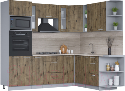 Кухонный гарнитур Интерлиния Мила 1.88x2.4 правая (дуб веллингтон/дуб веллингтон/травертин серый) - фото