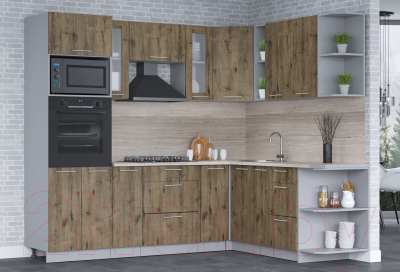 Кухонный гарнитур Интерлиния Мила 1.88x2.4 правая (дуб веллингтон/дуб веллингтон/травертин серый)