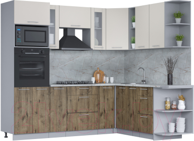 Кухонный гарнитур Интерлиния Мила 1.88x2.4 правая (персидский жемчуг/дуб веллингтон/серый каспий) - фото